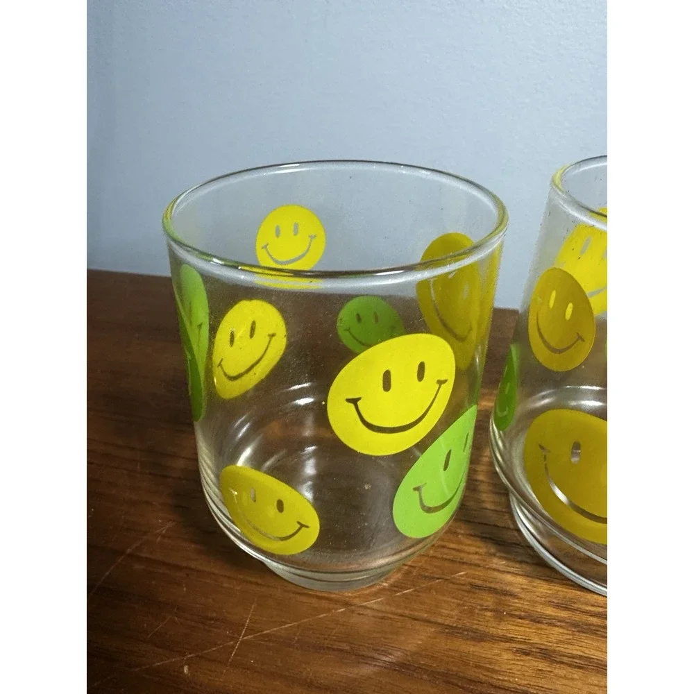 Vintage 70s Smiley Face Stackable Glass Tumblers Yellow & Green-Retro-Set of 3